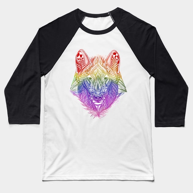 Rainbow Zentangle Wolf Baseball T-Shirt by BHDigitalArt